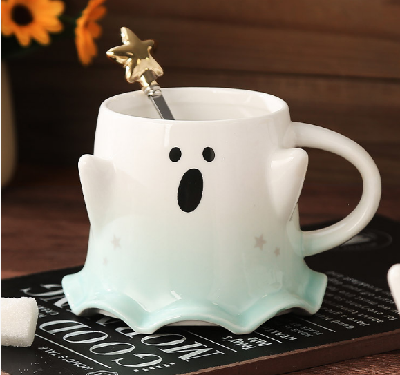 Cute Ghost Ceramic Mug with Star Spoon - 460ml Halloween Coffee Cup